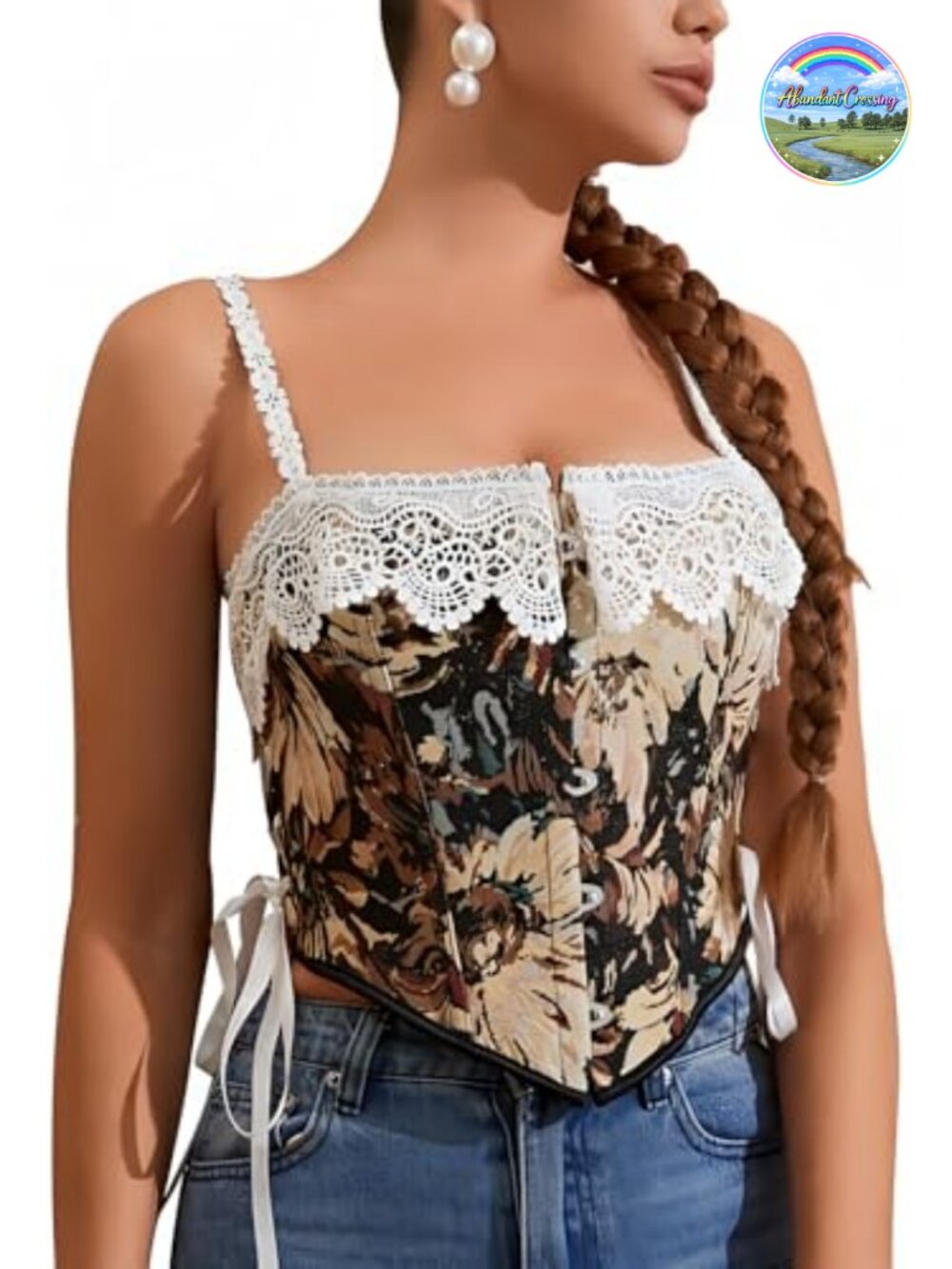 Women's Vintage Renaissance Lace Trim Corset Bustier with Lace-Up Back